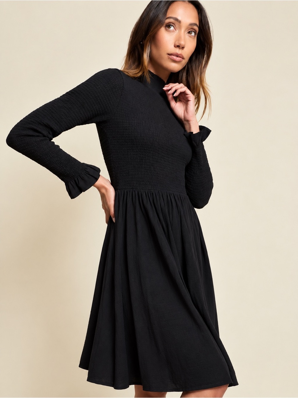 NATION LTD Zuri Smocked Turtleneck Dress Black XS